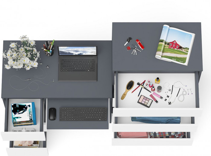 Мори Стол компьютерный МС-6 левый + Комод МК700.5, цвет графит/белый, ШхГхВ 160,4х50х114 см., выдвижные ящики слева, НЕ универсальная сборка