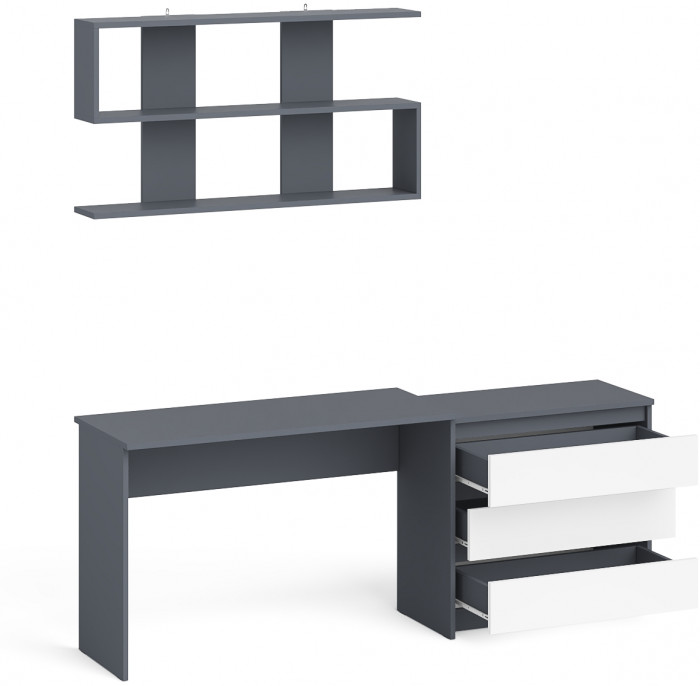 Мори Стол письменный МСП1200.1 + Комод МК800.1 + Полка 1200, цвет графит/белый, ШхГхВ 200,8х50х209,6 см., универсальная сборка