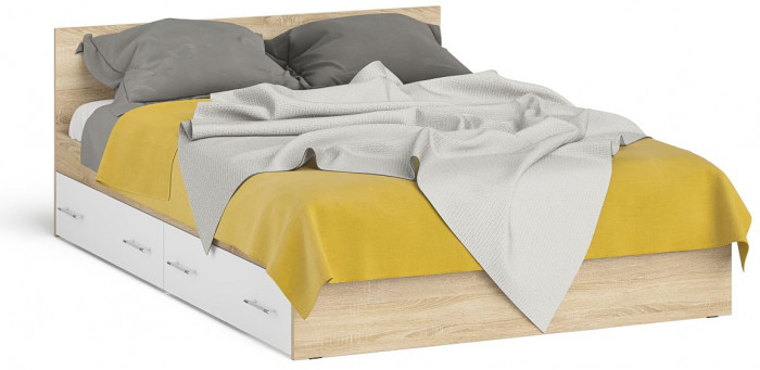 Мори Кровать с ящиками 1400, цвет дуб сонома/белый, ШхГхВ 143,5х203,5х70 см., сп.м. 1400х2000 мм., без матраса, основание есть