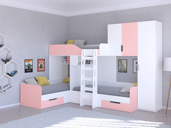 Трехместная кровать ТРИО/2 Белый/Розовый