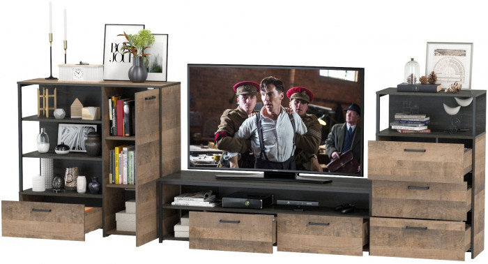 Трувор Гостиная 011, цвет дуб гранж песочный/интра, ШхГхВ 324,8х45,4х106,9 см., универсальная сборка