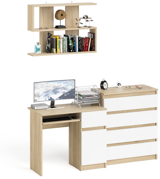 Мори Стол компьютерный МС-1 правый + Комод МК800.4 + Полка 900, цвет дуб сонома/белый, ШхГхВ 170,4х50х209,6 см., НЕ универсальная сборка