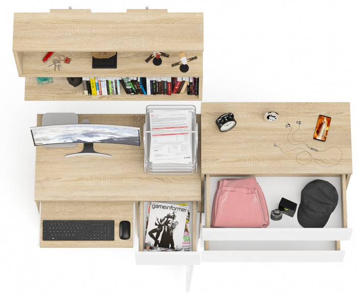 Мори Стол компьютерный МС-1 правый + Комод МК800.4 + Полка 900, цвет дуб сонома/белый, ШхГхВ 170,4х50х209,6 см., НЕ универсальная сборка