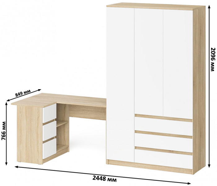 Мори Стол компьютерный МС-16 левый + Шкаф МШ1200.1, цвет дуб сонома/белый, ШхГхВ 244,8х84,9х209,6 см., выдвижные ящики слева, НЕ универсальная сборка