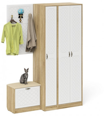 Прихожая П-6 Компоновка № 47, цвет дуб сонома/фасады МДФ белое дерево фрезеровка ромб, ШхГхВ 150х50х210 см., универсальная сборка