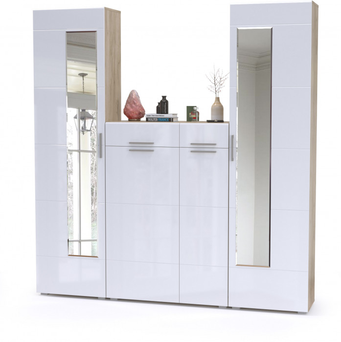 Лайн Прихожая № 15, цвет дуб крафт серый/фасады МДФ белый глянец, ШхГхВ 200х35х210 см., универсальная сборка