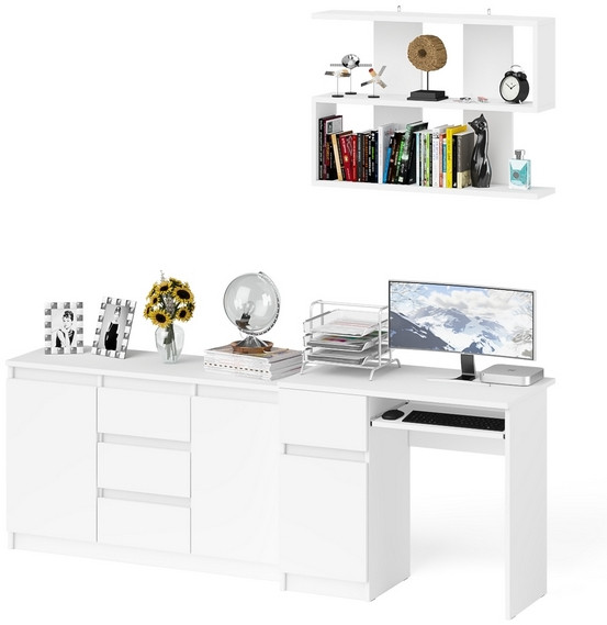 Мори Стол компьютерный МС-1 левый + Комод МК1200.3 + Полка 900, цвет белый, ШхГхВ 210,4х50х209,6 см., НЕ универсальная сборка