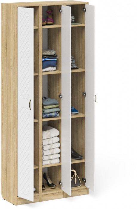 Прихожая П-6 Пенал 3 штуки, цвет дуб сонома/фасады МДФ белое дерево фрезеровка ромб, ШхГхВ 90х35х210 см., универсальная сборка