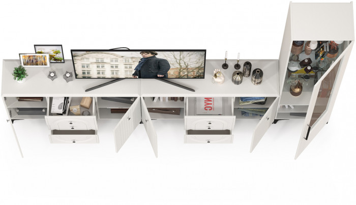 Валенсия Гостиная № 117, цвет ЛДСП белый шагрень/МДФ белый шагрень, ШхГхВ 321,3х38,4х225,2 см., универсальная сборка