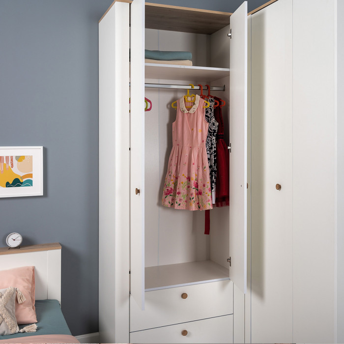 Джастин 13.339 Шкаф для одежды с ящиками, цвет белый шагрень/дуб белый эксклюзив, ШхГхВ 86х54,8х225,8 см.