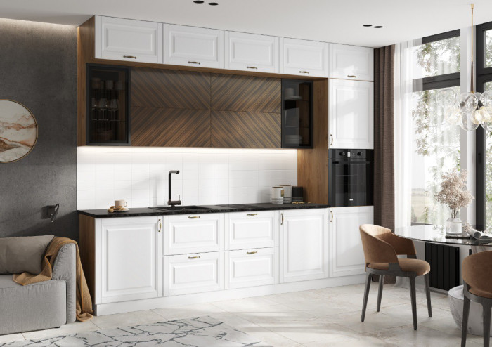 Кухня Престиж 3,0м Компоновка №2 (Браш Вайт/Прайм орех, Дуб Крафт)