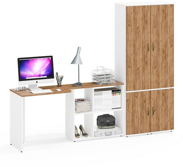 Лидер-8 Стол + Пенал МД 21Б + Пенал МД 21Б, цвет белый шагрень/крафт золото, ШхГхВ 245х50/37,5х75/190 или 115х160/50х75/190 см., НЕ ун. сборка