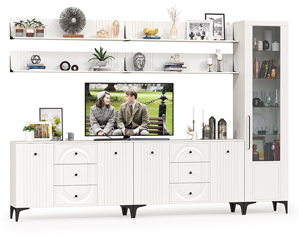 Валенсия Гостиная № 119, цвет ЛДСП белый шагрень/МДФ белый шагрень, ШхГхВ 321,3х38,4х225,2 см., универсальная сборка