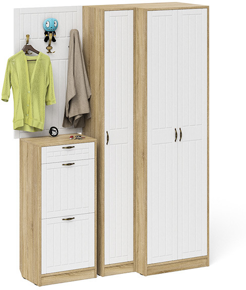 Прихожая П-6 Компоновка № 30, цвет дуб сонома/фасады МДФ белое дерево фрезеровка прованс, ШхГхВ 150х50х210 см., универсальная сборка