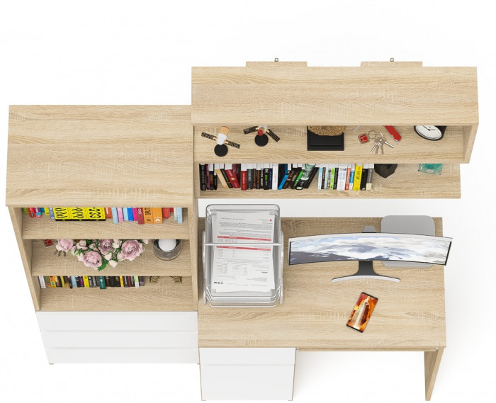 Мори Стол компьютерный МС-1 левый + Стеллаж МСТ600.3 + Полка 900, цвет дуб сонома/белый, ШхГхВ 150,4х50х209,6 см., НЕ универсальная сборка
