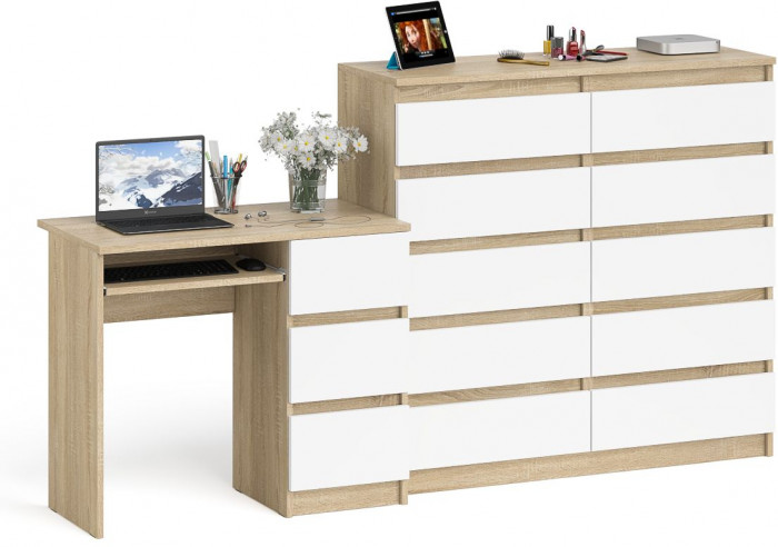 Мори Стол компьютерный МС-6 правый + Комод МК1200.10, цвет дуб сонома/белый, ШхГхВ 210,4х50х115 см., выдвижные ящики справа, НЕ универсальная сборка