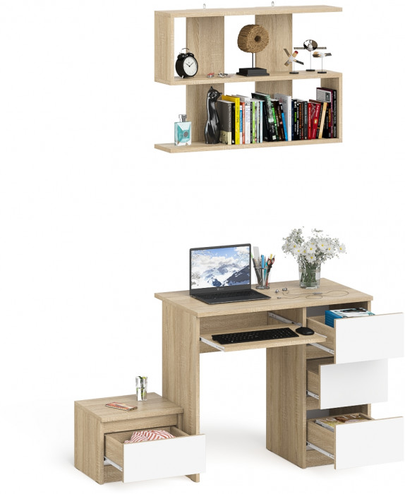 Мори Стол компьютерный МС-6 правый + Тумба ТМП400.1 + Полка 900, цвет дуб сонома/белый, ШхГхВ 130,4х50х209,6 см., НЕ универсальная сборка