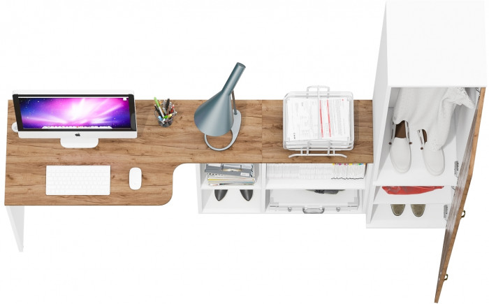 Лидер-8 Стол + Пенал МД 21Б, цвет белый шагрень/крафт золото, ШхГхВ 205х50/37,5х75/190  или 115х50/120х75/190 см., НЕ универсальная сборка