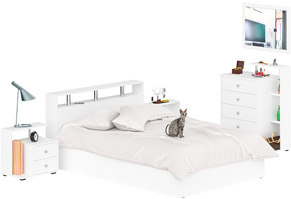 Камелия спальня № 5 Кровать 1400 + Две тумбы + Комод + Зеркало, цвет белый, сп.м. 1400х2000 мм., б/м, основание есть