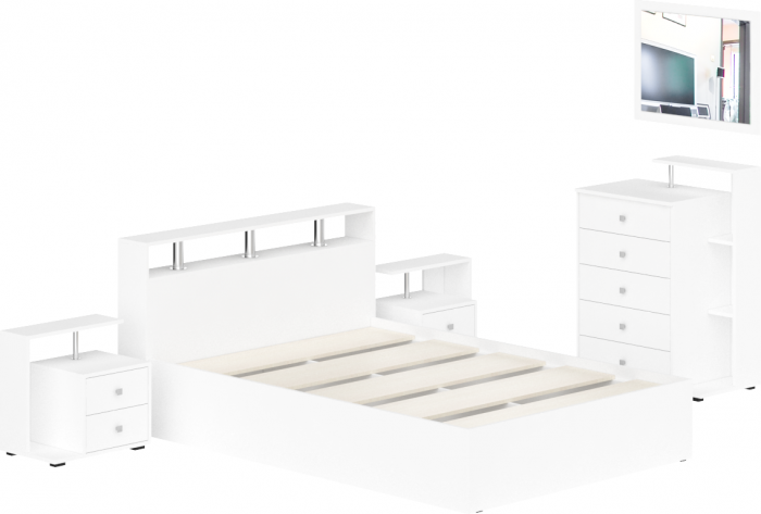 Камелия спальня № 5 Кровать 1400 + Две тумбы + Комод + Зеркало, цвет белый, сп.м. 1400х2000 мм., б/м, основание есть