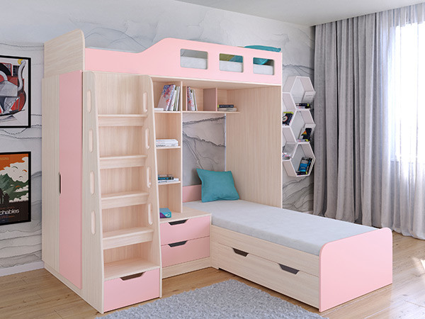 Кровать двухъярусная Астра 4 Дуб молочный/Розовый