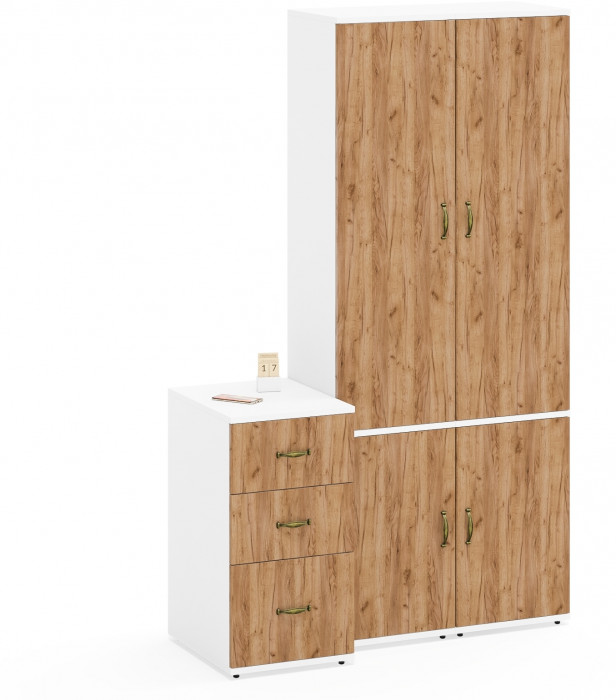 Лидер-8 Пенал МД 22Б + Пенал МД 22Б + Тумба МД 3.16, цвет белый шагрень/крафт золото, ШхГхВ 120х50х190 см., универсальная сборка