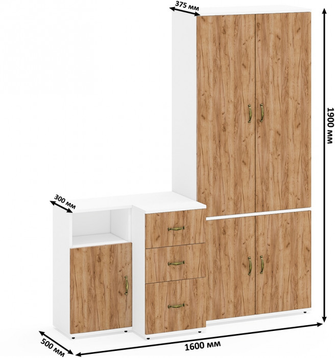 Лидер-8 Пенал МД 22Б + Пенал МД 22Б + Тумба МД 3.16, цвет белый шагрень/крафт золото, ШхГхВ 120х50х190 см., универсальная сборка