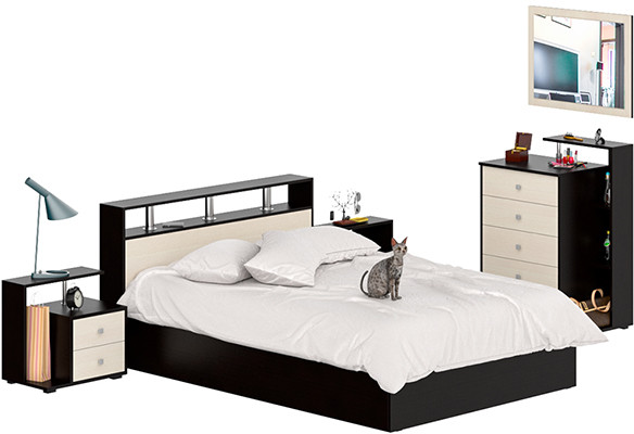 Камелия спальня № 5 Кровать 1400 + Две тумбы + Комод + Зеркало, цвет венге/дуб лоредо, сп.м. 1400х2000 мм., б/м, основание есть