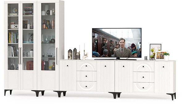 Валенсия Гостиная № 123, цвет ЛДСП белый шагрень/МДФ белый шагрень, ШхГхВ 405,4х38,4х225,2 см., универсальная сборка