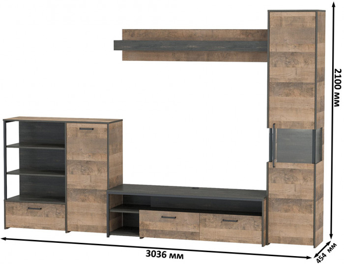 Трувор Гостиная 021, цвет дуб гранж песочный/интра, ШхГхВ 303,6х45,4х210 см., универсальная сборка