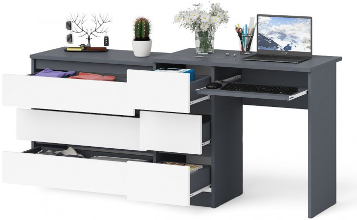 Мори Стол компьютерный МС-6 левый + Комод МК800.1, цвет графит/белый, ШхГхВ 170,4х50х76,6 см., выдвижные ящики слева, НЕ универсальная сборка