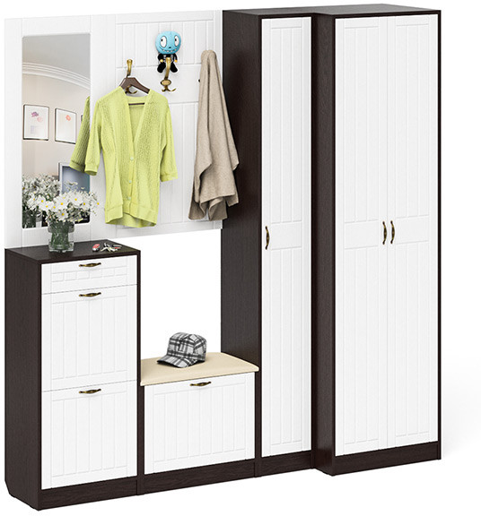 Прихожая П-6 Компоновка № 31, цвет венге/фасады МДФ белое дерево фрезеровка прованс, ШхГхВ 200х50х210 см., универсальная сборка