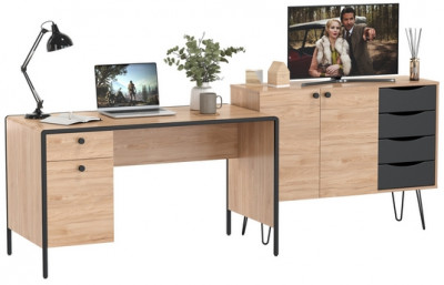 Брюс Стол письменный 12.157 + Комод 16.233, цвет чёрный/Battle rock Santiago/столешница МДФ ель карпатская, 243,4х62,6(38,3)х75(85,6) см., ун. сб.