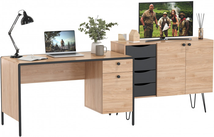 Брюс Стол письменный 12.157 + Комод 16.233, цвет чёрный/Battle rock Santiago/столешница МДФ ель карпатская, 243,4х62,6(38,3)х75(85,6) см., ун. сб.