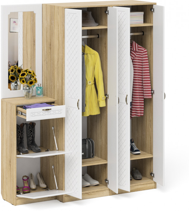 Прихожая П-6 Компоновка № 14, цвет дуб сонома/фасады МДФ белое дерево фрезеровка ромб, ШхГхВ 170х50х210 см., универсальная сборка