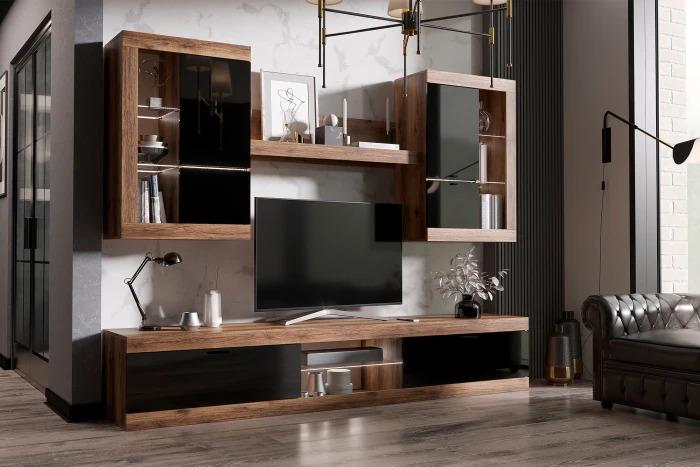 Прага Модульная Гостиная, вариант №3, делано/Черный глянец