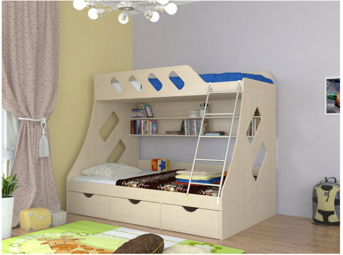 Дельта-20.01 Детская двухъярусная кровать с лестницей (Голубой, Ясень шимо светлый)