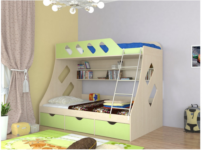 Дельта-20.01 Детская двухъярусная кровать с лестницей (Голубой, Ясень шимо светлый)