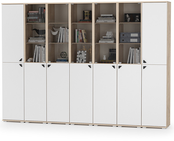 КР100 Бостон № 52, дуб эндгрейн элегантный/фасады МДФ милк рикамо софт, 13.154+13.155+13.155+13.155+13.155+13.155+13.154, 270,2х35,1х194,4 см, ун. сб.