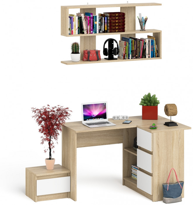 Мори Стол компьютерный МС-16 правый + Тумба ТМП400.1 + Полка 1200, цвет дуб сонома/белый, ШхГхВ 164,8х84,9х209,6 см., НЕ универс. сборка