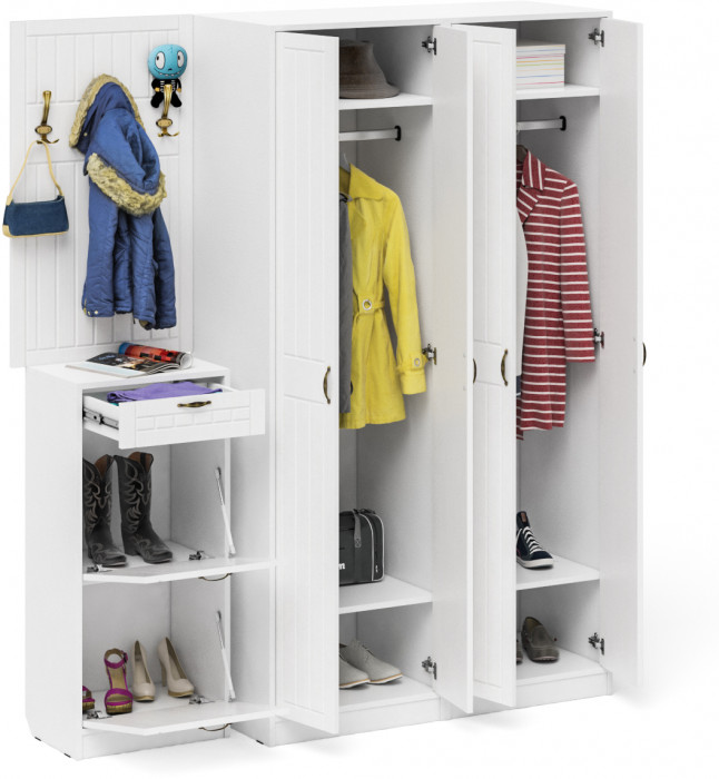 Прихожая П-6 Компоновка № 15, цвет белая шагрень/фасады МДФ белое дерево фрезеровка прованс, ШхГхВ 180х50х210 см., универсальная сборка