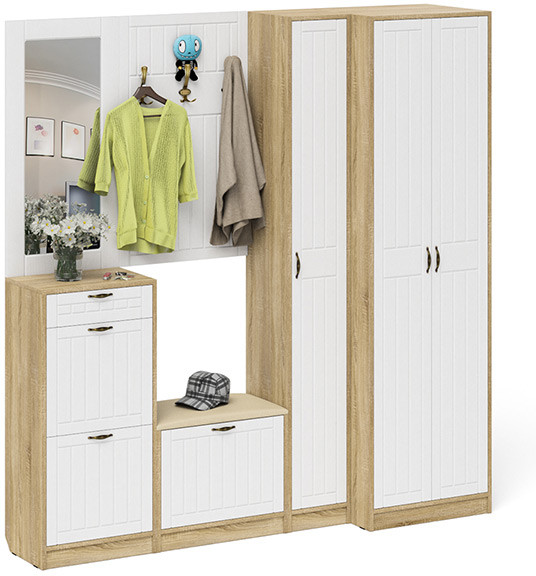 Прихожая П-6 Компоновка № 31, цвет дуб сонома/фасады МДФ белое дерево фрезеровка прованс, ШхГхВ 200х50х210 см., универсальная сборка