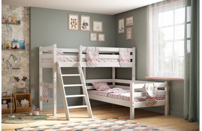 Кровать Соня (вариант 8) угловая с наклонной лестницей, белый