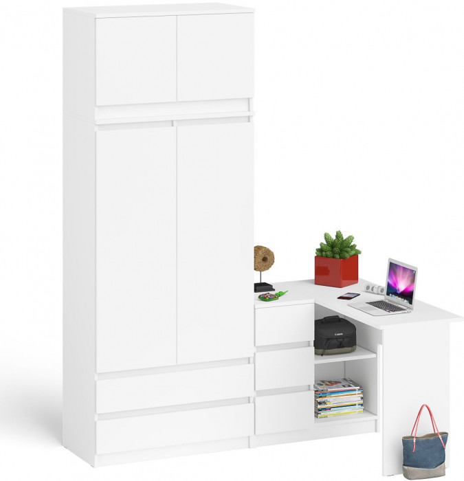 Мори Стол компьютерный МС-16 левый + Шкаф МШ900.1 + Антресоль МА900.1, цвет белый, ШхГхВ 214,8х84,9х234,2 см., выдвижные ящики слева, НЕ универс. сб.