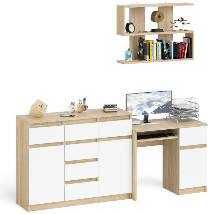 Мори Стол компьютерный МС-1 правый + Комод МК1200.4 + Полка 900, цвет дуб сонома/белый, ШхГхВ 210,4х50х209,6 см., НЕ универсальная сборка