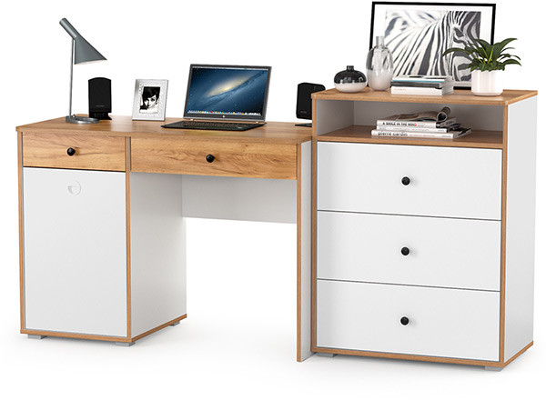 Вуди Стол письменный 12.42 + Комод 13.293, цвет белый премиум/дуб крафт золотой, ШхГхВ 180х52,7х93,2 см., универсальная сборка