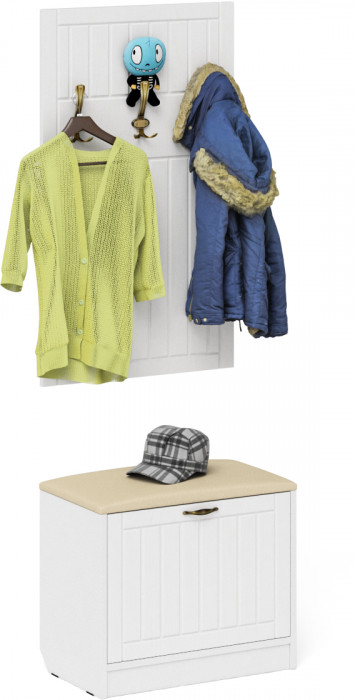 Прихожая П-6 Тумба + Вешалка, цвет белая шагрень/фасады МДФ белое дерево фрезеровка прованс, ШхГхВ 60х35х200 см.