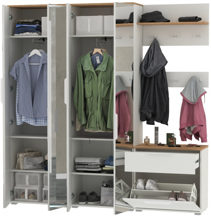 Октава Прихожая 27, цвет белый шагрень/дуб крафт золотой/фасады МДФ белый шагрень, ШхГхВ 193,7х35,4х197,6 см., универсальная сборка