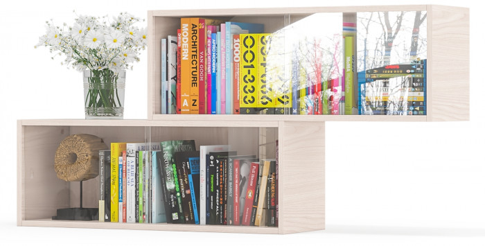 Две полки книжных С-МД-КН01, цвет ясень шимо светлый, размер каждой полки в отдельности: ШхГхВ 83х25х30 см., стеклянные дверцы