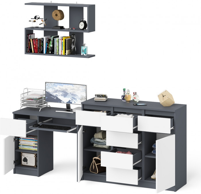 Мори Стол компьютерный МС-1 левый + Комод МК1200.4 + Полка 900, цвет графит/белый, ШхГхВ 210,4х50х209,6 см., НЕ универсальная сборка